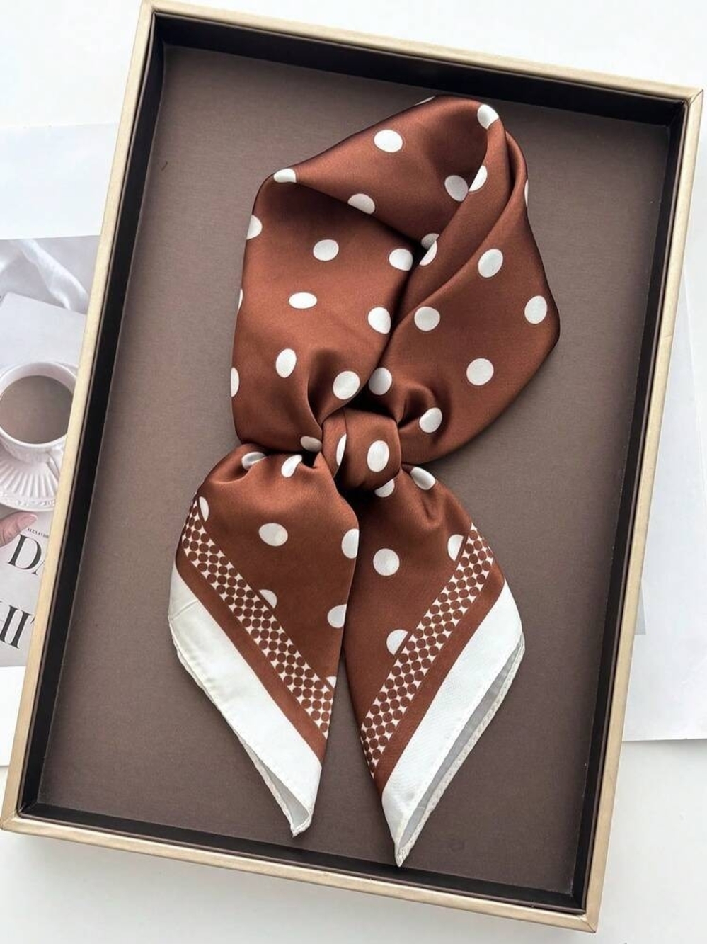 Silk-feel Brown Polka Dot Satin Scarf - Elegant 70*70cm